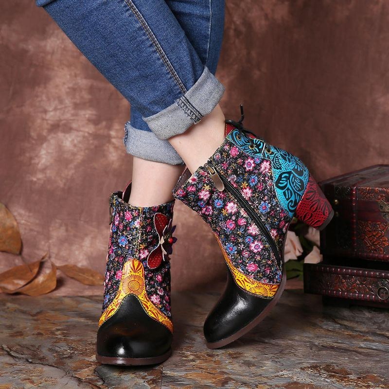 Dam Retro Leaf Flower Läder Comfy Zipper Ankel Boots