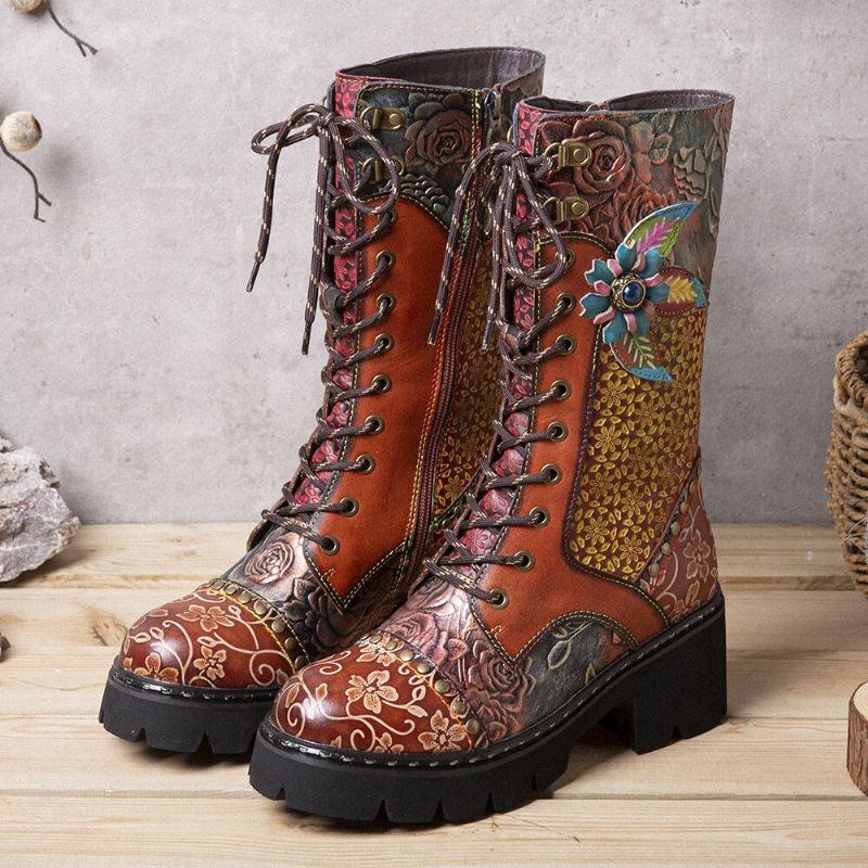 Dam Retro Rub Color Tredimensionella Blommor Deco Mid-tube Boots