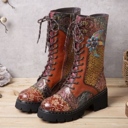 Dam Retro Rub Color Tredimensionella Blommor Deco Mid-tube Boots