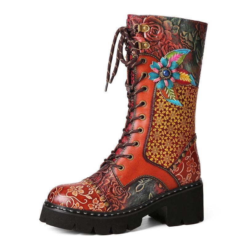 Dam Retro Rub Color Tredimensionella Blommor Deco Mid-tube Boots