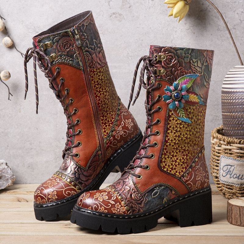 Dam Retro Rub Color Tredimensionella Blommor Deco Mid-tube Boots