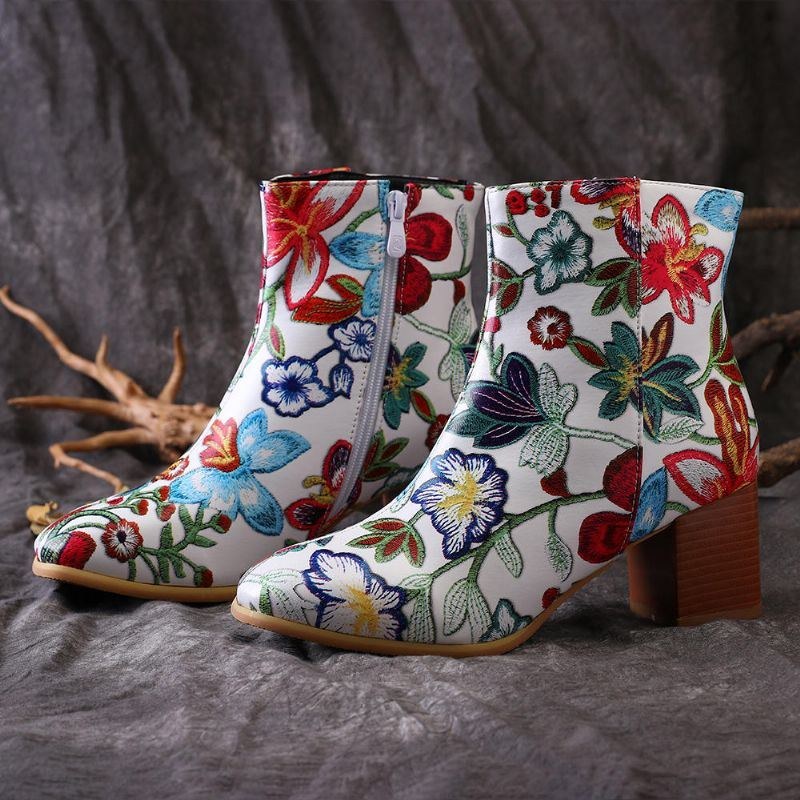 Dam Stor Storlek Blomma Tryckta Chunky Häl Ankel Short Boots