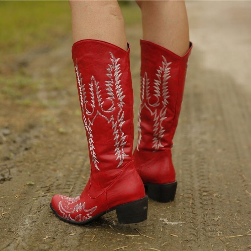 Dam Stor Storlek Retro Spetsad Tå Broderade Cowboystövlar Med Tjocka Klackar