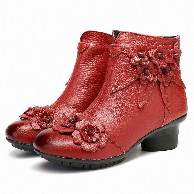 Dam Vintage Äkta Läder Handgjorda Blomma Låg Klack Ankel Short Boots