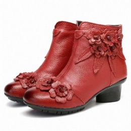 Dam Vintage Äkta Läder Handgjorda Blomma Låg Klack Ankel Short Boots