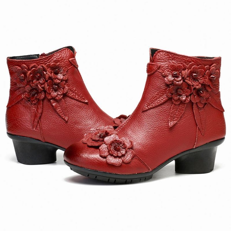 Dam Vintage Äkta Läder Handgjorda Blomma Låg Klack Ankel Short Boots