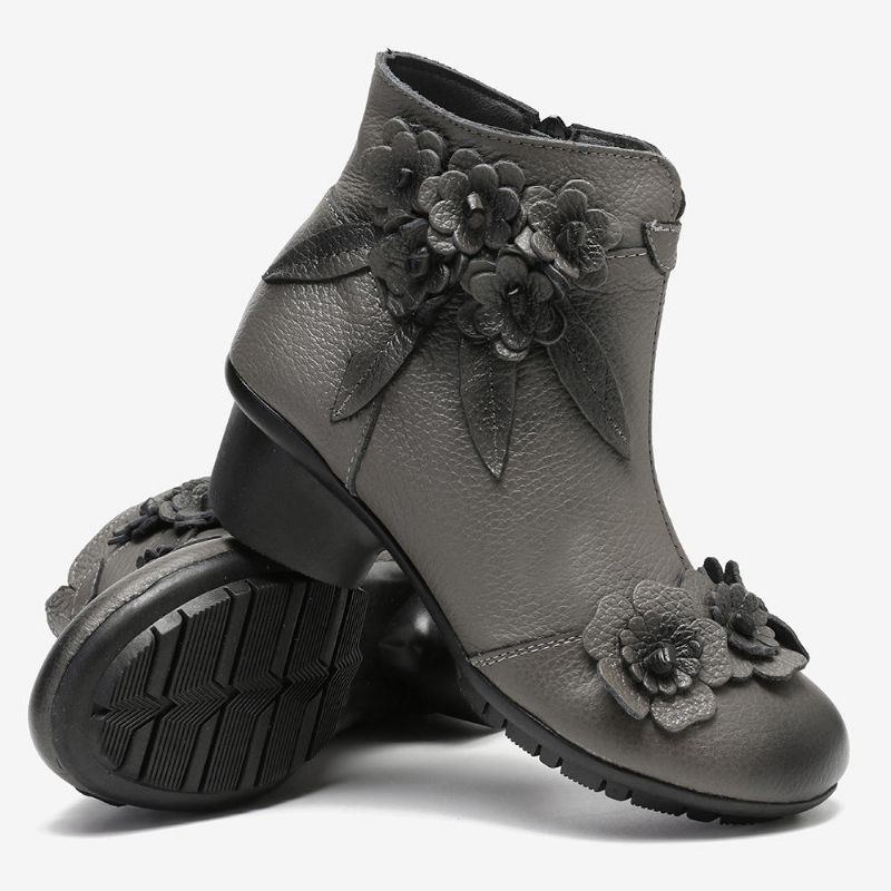 Dam Vintage Äkta Läder Handgjorda Blomma Låg Klack Ankel Short Boots