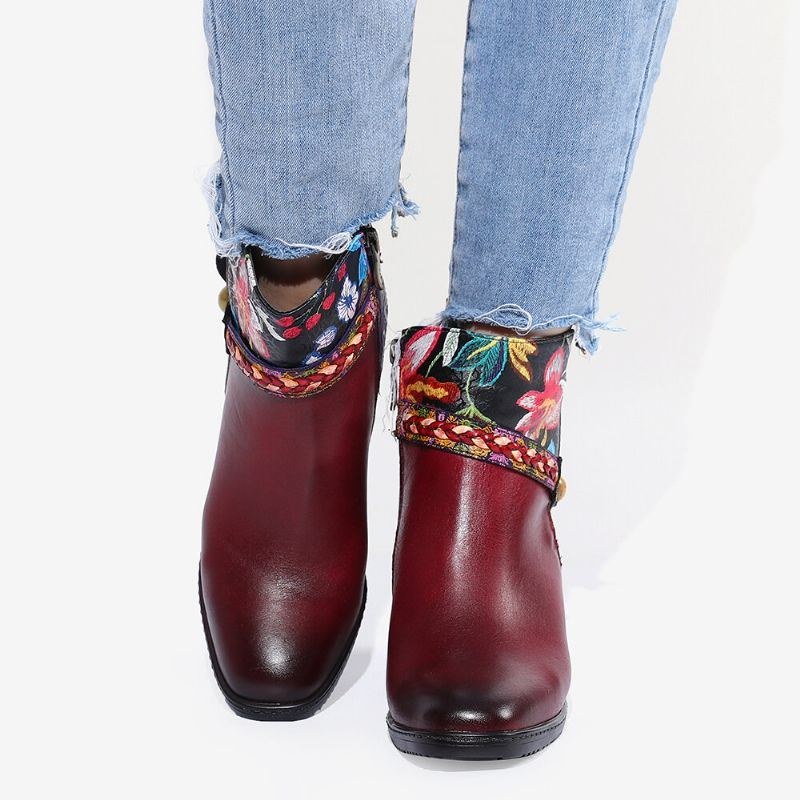 Damer Dam Blommigt Burgundy Spänne Deco Fyrkantig Tå Varmfodrade Dragkedjor Ankelboots