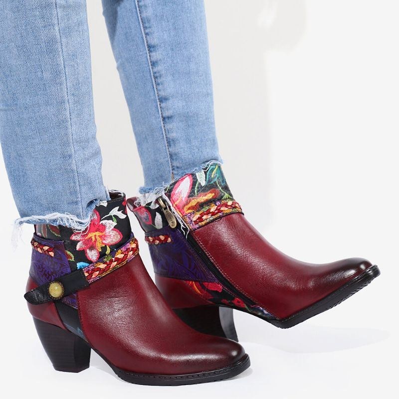 Damer Dam Blommigt Burgundy Spänne Deco Fyrkantig Tå Varmfodrade Dragkedjor Ankelboots