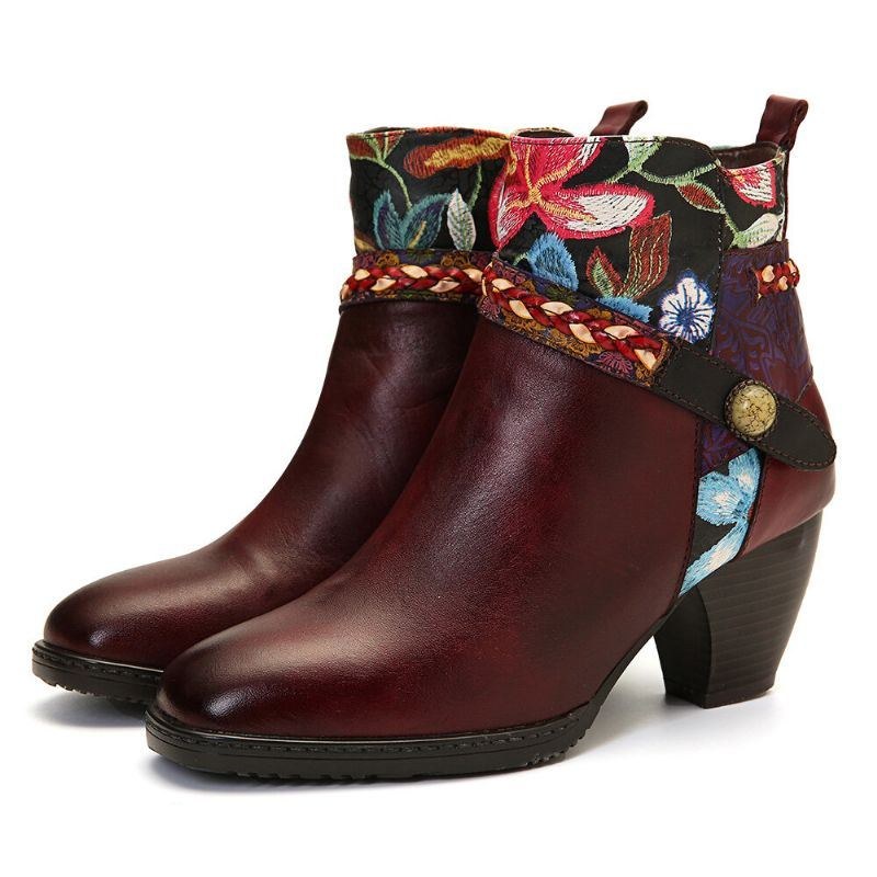 Damer Dam Blommigt Burgundy Spänne Deco Fyrkantig Tå Varmfodrade Dragkedjor Ankelboots