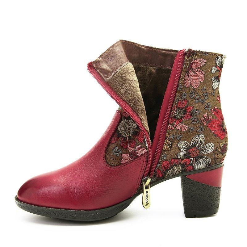 Elegant Floral Splicing Damer Varmfodrad Dragkedja Chunky Heel Chelsea Boots