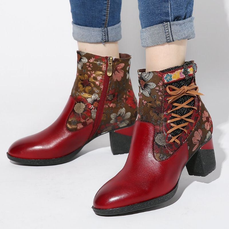 Elegant Floral Splicing Damer Varmfodrad Dragkedja Chunky Heel Chelsea Boots