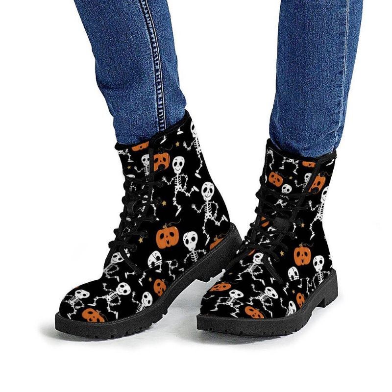 Halloween Kvinnor Rolig Skelett Pumpa Utskrift Mjuk Gummi Halkfri Yttersula Martin Boots