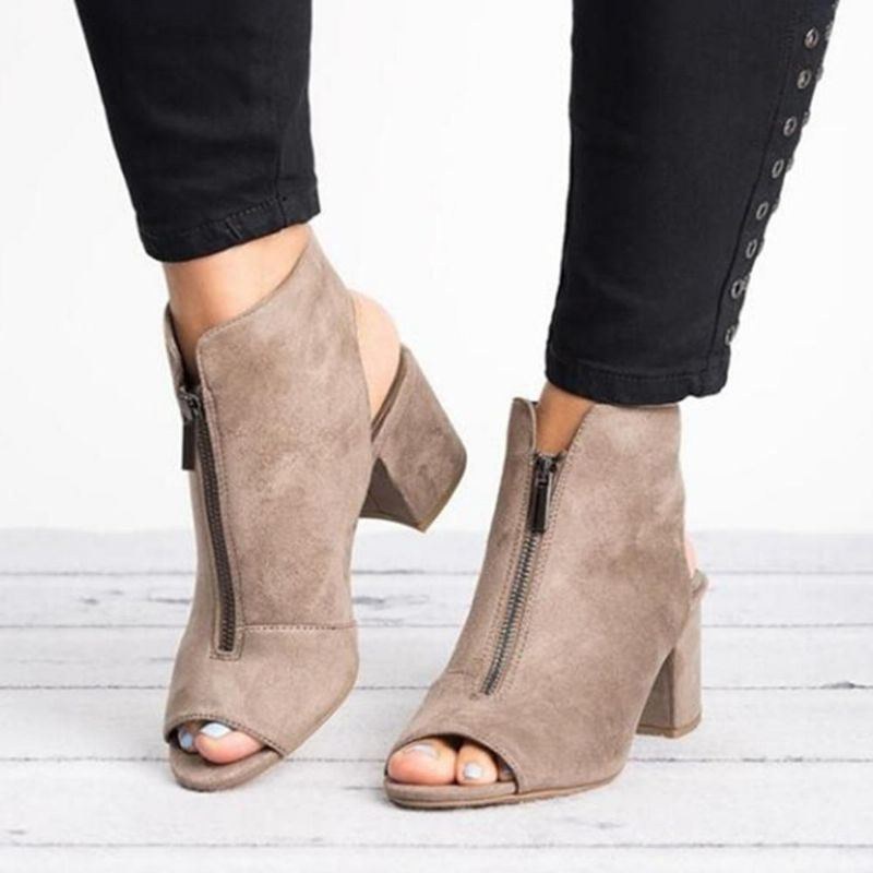 Peep Toe Ankelstövlar För Damer Fram Dragkedja Chunky Heel Sandaler Pumps