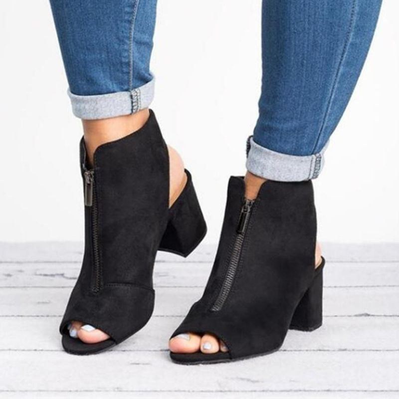 Peep Toe Ankelstövlar För Damer Fram Dragkedja Chunky Heel Sandaler Pumps