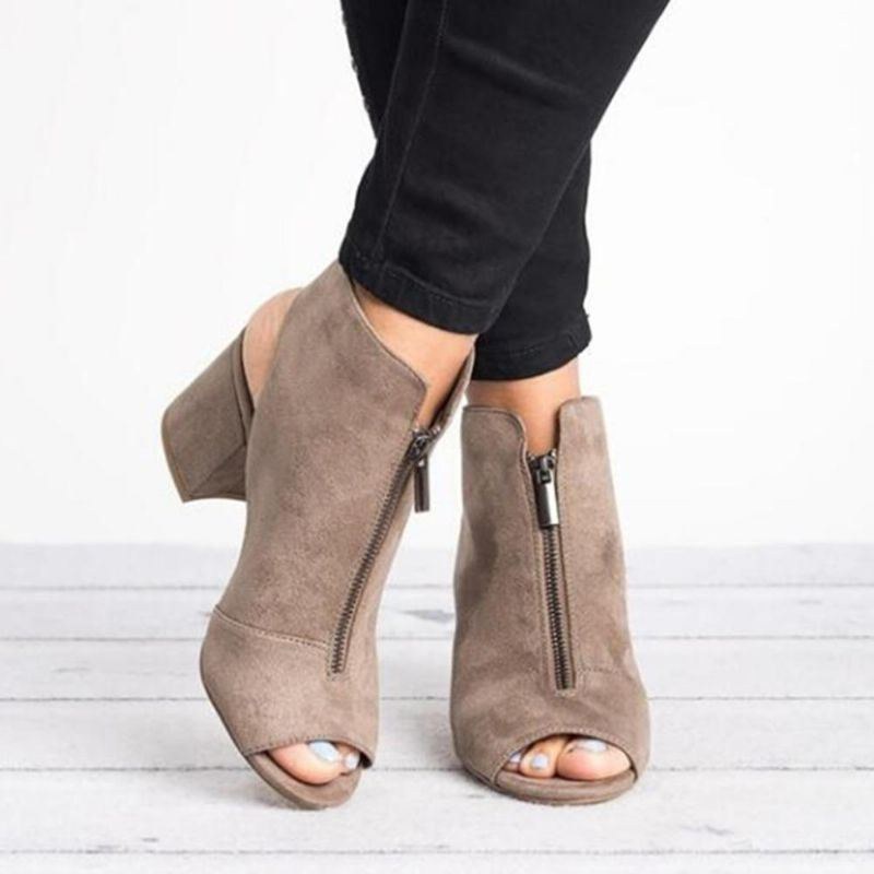 Peep Toe Ankelstövlar För Damer Fram Dragkedja Chunky Heel Sandaler Pumps