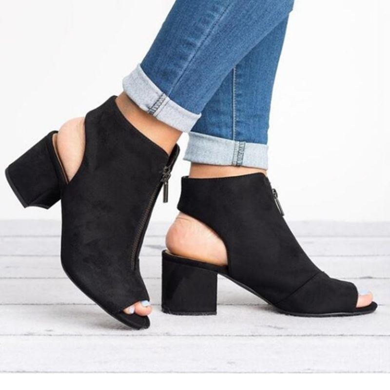 Peep Toe Ankelstövlar För Damer Fram Dragkedja Chunky Heel Sandaler Pumps