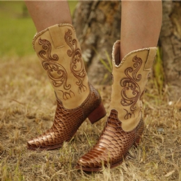 Plus Size Dam Broderade Splicing Chunky Heel Cowboystövlar Med Mitten Kalv