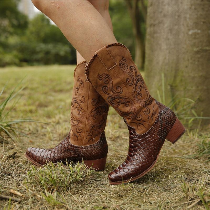 Plus Size Dam Broderade Splicing Chunky Heel Cowboystövlar Med Mitten Kalv