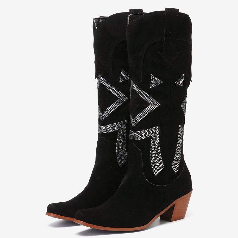 Plus Size Dam Mocka Rhinestone Chunky Heel Knä Cowboystövlar