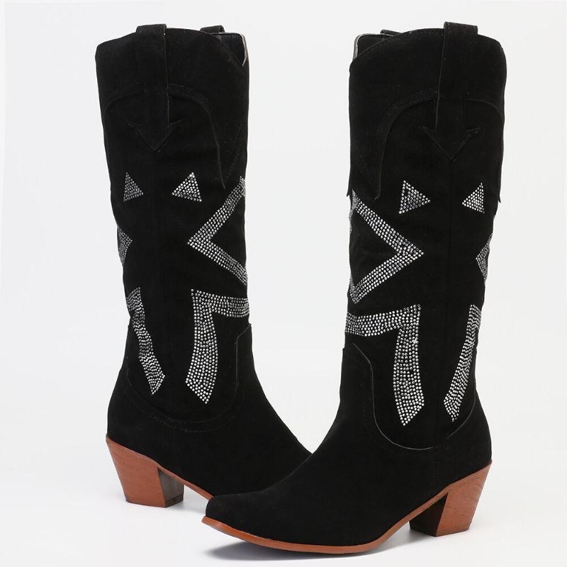 Plus Size Dam Mocka Rhinestone Chunky Heel Knä Cowboystövlar