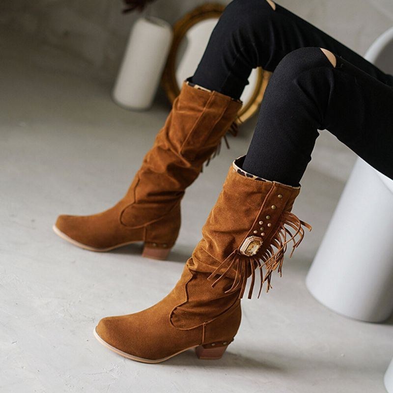 Plus Size Dam Mocka Tofs Chunky Heel Mid Calf Boots