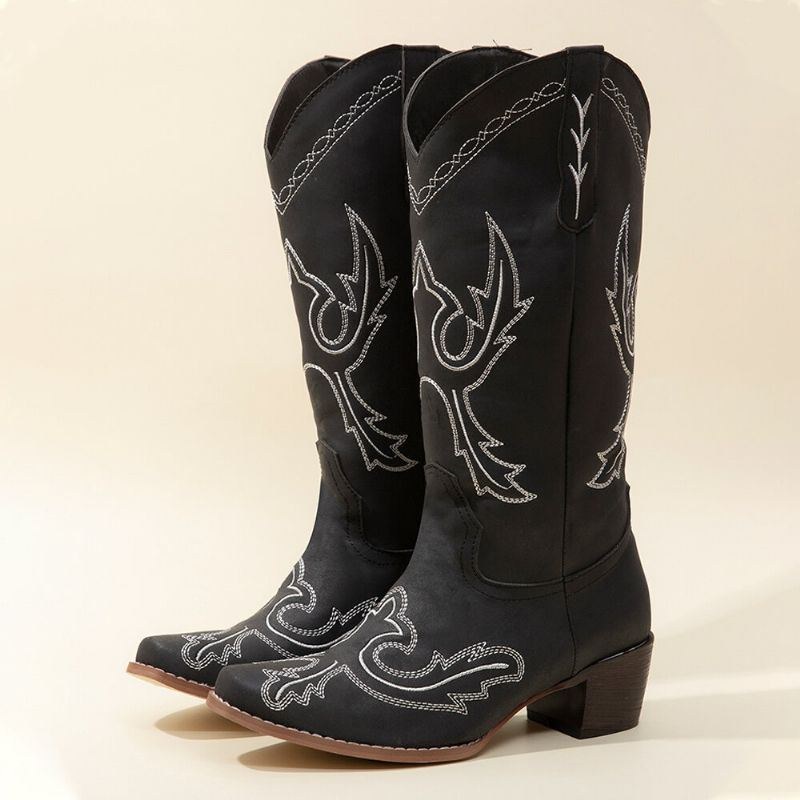 Plus Size Dam Retro Broderade Chunky Heel Cowboystövlar Med Mitten Kalv