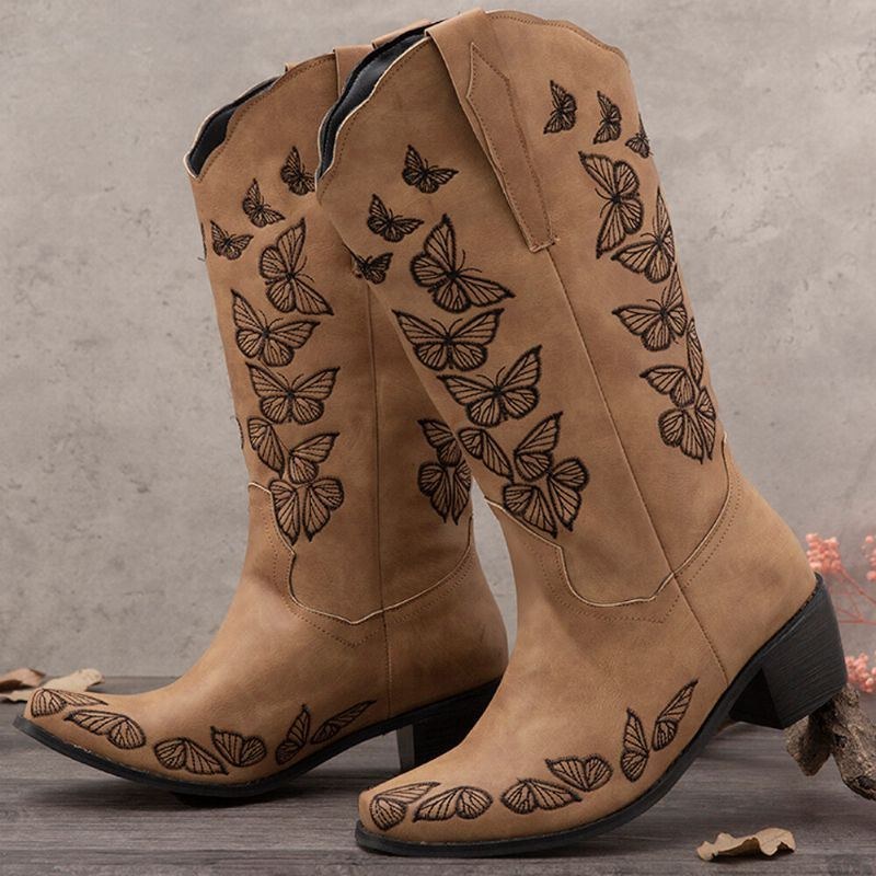 Plus Size Dam Retro Butterfly Broderade Cowboystövlar Med Mitten Kalv