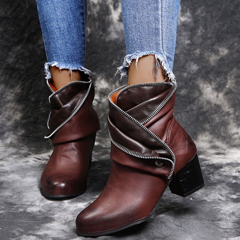 Plus Size Dam Retro Dragkedja Dekor Spänne Chunky Heel Korta Stövlar