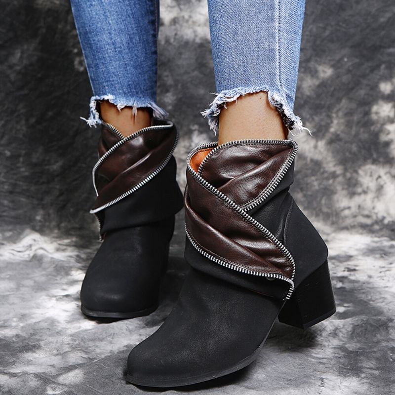 Plus Size Dam Retro Dragkedja Dekor Spänne Chunky Heel Korta Stövlar