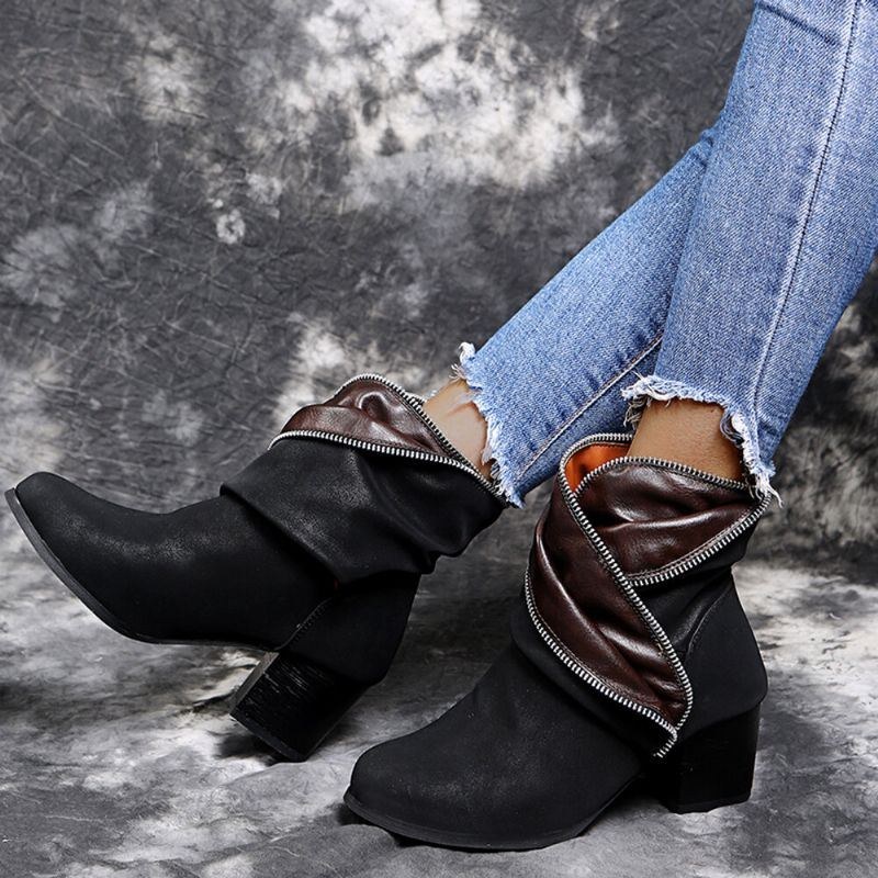 Plus Size Dam Retro Dragkedja Dekor Spänne Chunky Heel Korta Stövlar