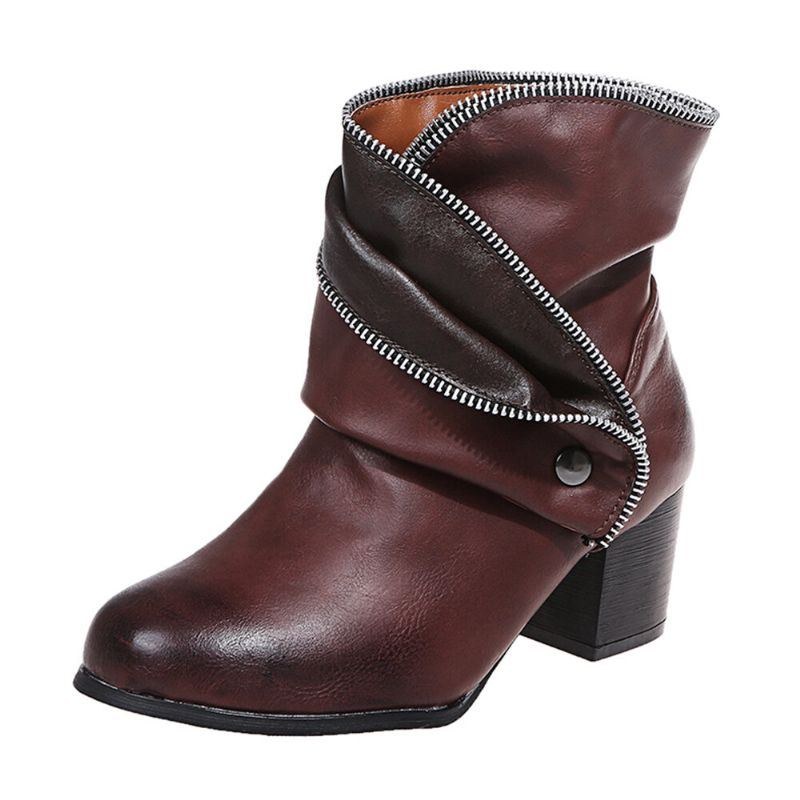 Plus Size Dam Retro Dragkedja Dekor Spänne Chunky Heel Korta Stövlar