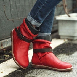 Plus Size Dam Retro Läder Spänne Bälte Rund Toe Platta Ankel Boots