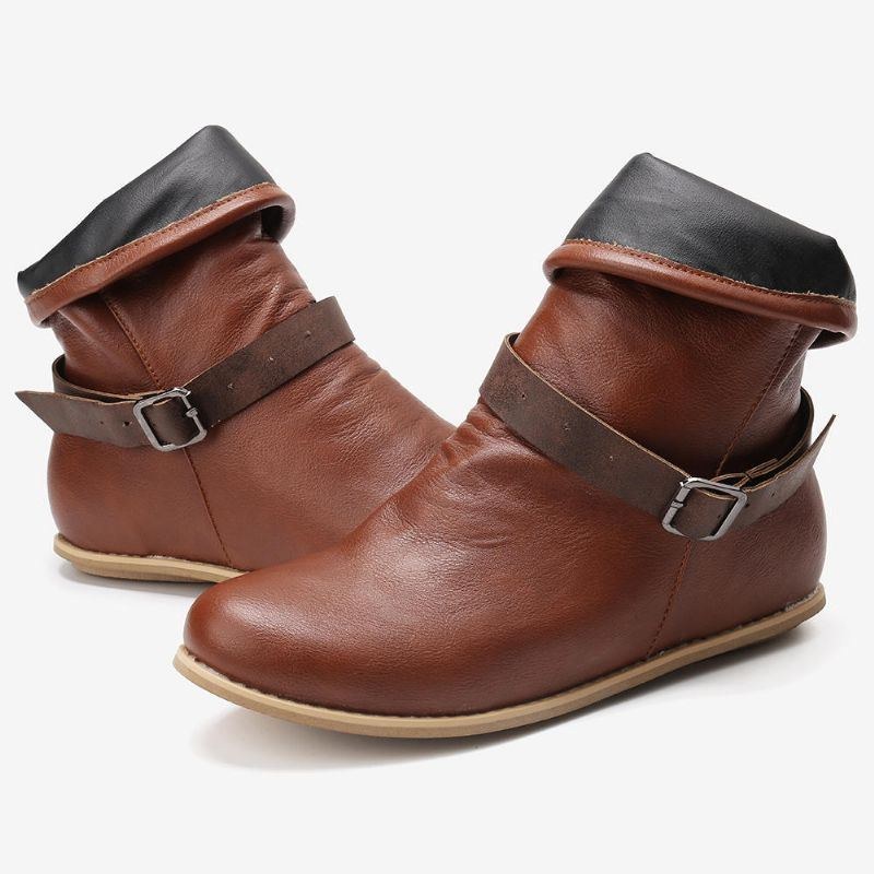 Plus Size Dam Retro Läder Spänne Bälte Rund Toe Platta Ankel Boots