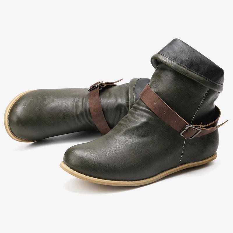 Plus Size Dam Retro Läder Spänne Bälte Rund Toe Platta Ankel Boots