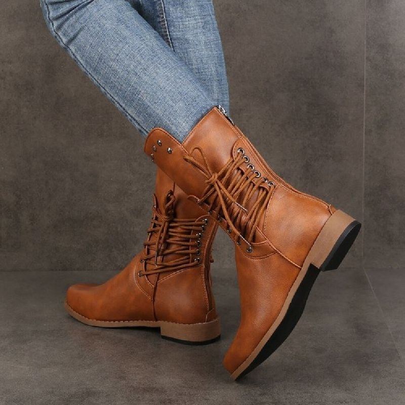 Plus Size Dam Retro Nit Cross Strap Back Dragkedja Mid Calf Boots