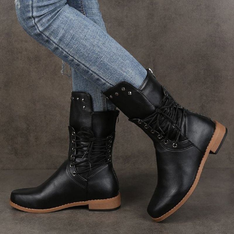 Plus Size Dam Retro Nit Cross Strap Back Dragkedja Mid Calf Boots