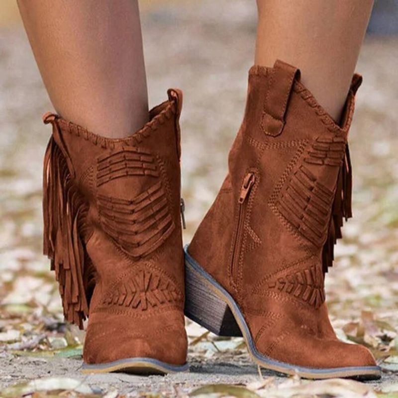 Plus Size Dam Tofs Sidodragkedja Chunky Heel Cowboystövlar Med Mitten Av Vaden