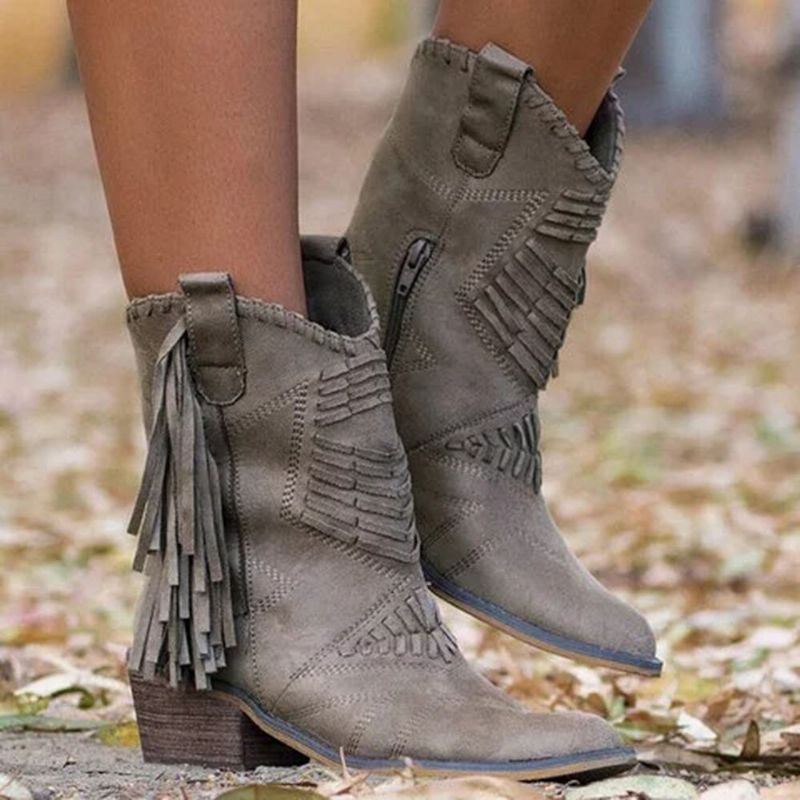 Plus Size Dam Tofs Sidodragkedja Chunky Heel Cowboystövlar Med Mitten Av Vaden