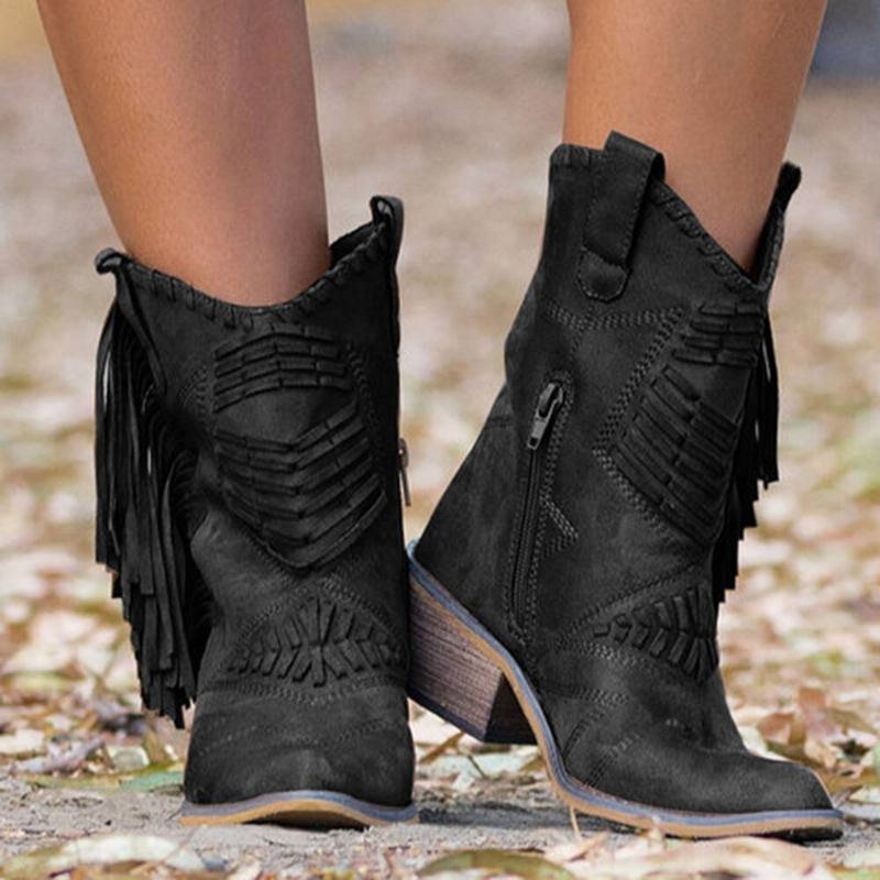 Plus Size Dam Tofs Sidodragkedja Chunky Heel Cowboystövlar Med Mitten Av Vaden