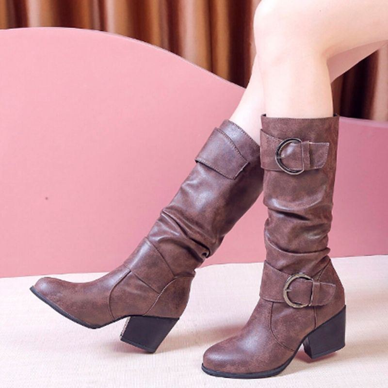 Plus Size Dam Warm Foder Spänne Slip On Chunky Heel Mid Calf Boots