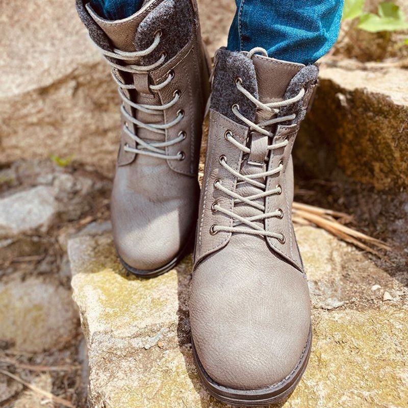 Plus Size Damer Casual Splicing Snörning Sido Dragkedja Combat Boots