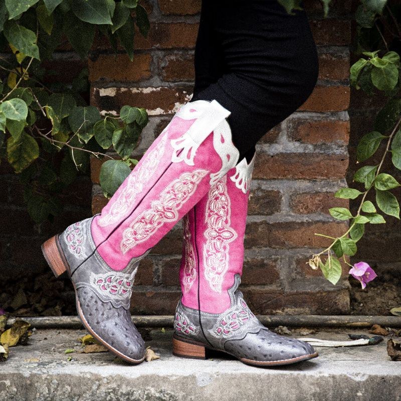 Plus Size Damer Retro Blommor Broderade Mid Calf Cowboy Boots