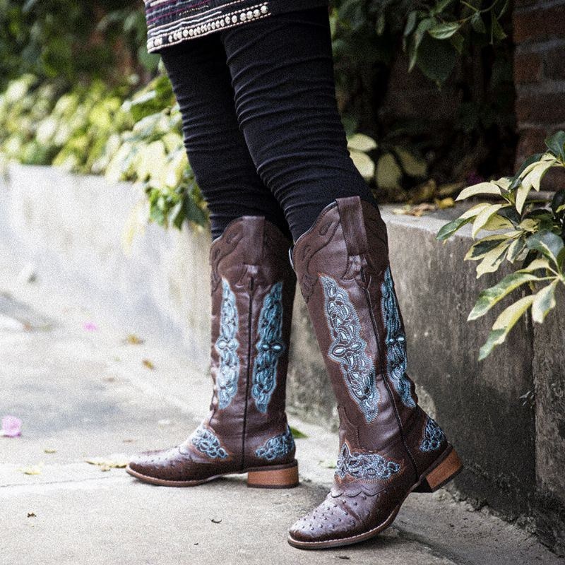 Plus Size Damer Retro Blommor Broderade Mid Calf Cowboy Boots