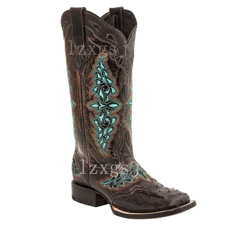 Plus Size Damer Retro Blommor Broderade Mid Calf Cowboy Boots