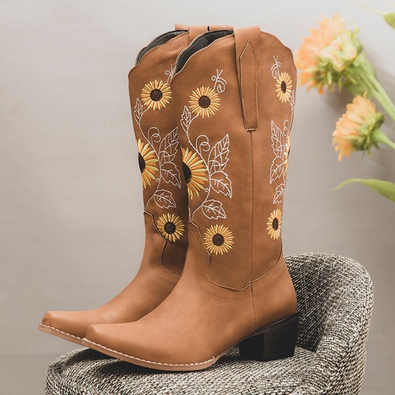 Plus Size Damer Retro Solros Broderade Chunky Heel Cowboystövlar Med Mitten Kalv