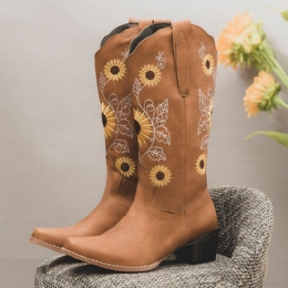 Plus Size Damer Retro Solros Broderade Chunky Heel Cowboystövlar Med Mitten Kalv