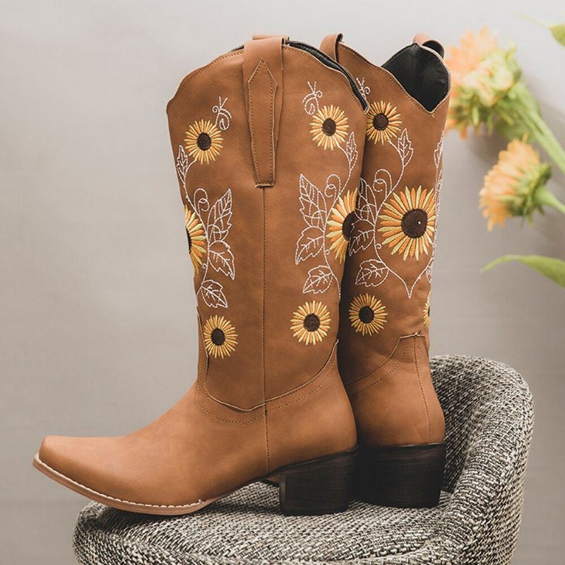 Plus Size Damer Retro Solros Broderade Chunky Heel Cowboystövlar Med Mitten Kalv