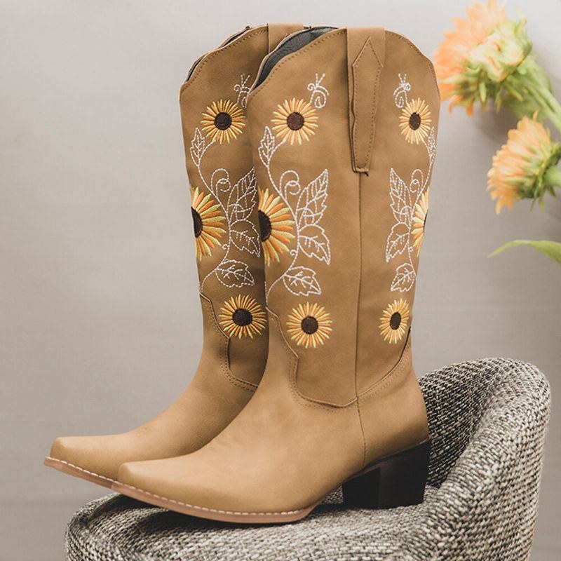 Plus Size Damer Retro Solros Broderade Chunky Heel Cowboystövlar Med Mitten Kalv