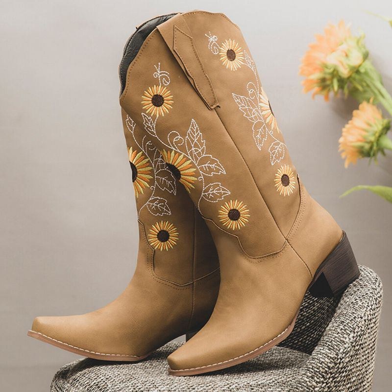 Plus Size Damer Retro Solros Broderade Chunky Heel Cowboystövlar Med Mitten Kalv